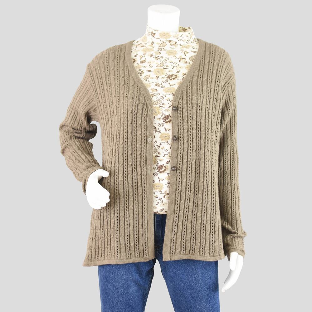 Vintage Brown Crochet Cable Knit Granny Cardigan Women's Large